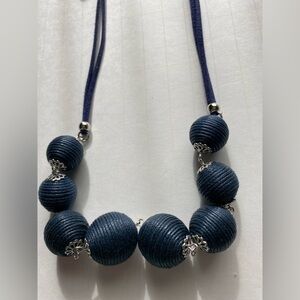 jewelry, necklace, earring, navy blue, coiled beads with suede cord